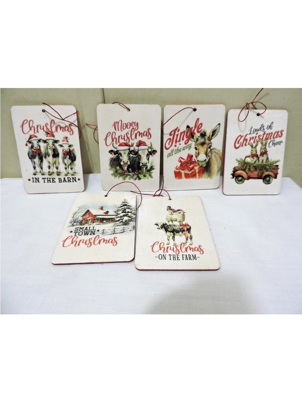 Rustic Farmhouse Christmas Hanging Ornaments - Red Accents